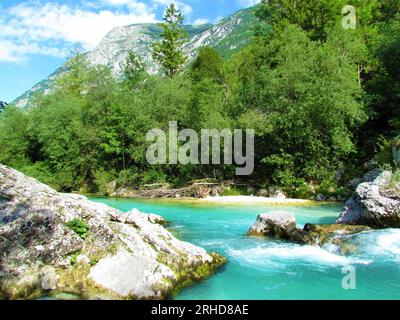 Emerald gefärbter Soca-Fluss im Trenta-Tal, Slowenien und Berge risig darüber Stockfoto