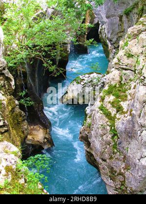 Soca-Fluss an der Großen Soca-Schlucht im Trenta-Tal, Slowenien Stockfoto