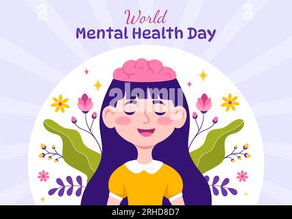 World Mental Health Day Vector Illustration am 10. Oktober mit gesundem Problem und Herz im Gehirn in Flat Cartoon handgezeichnete Hintergrundvorlagen Stock Vektor