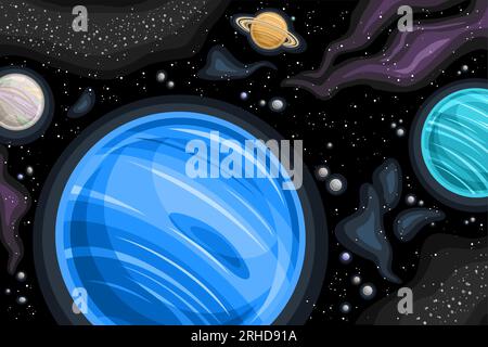 Vector Fantasy Space Chart, astronomisches horizontales Poster mit Cartoon-Design in Blau, verschiedenen Planeten und Asteroidengürtel im Weltraum, dekorative Farben Stock Vektor