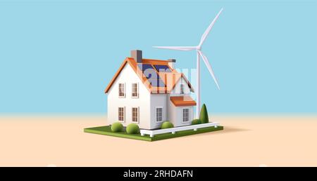 3D Illustration eines umweltfreundlichen modernen Hauses mit erneuerbaren Energiequellen wie Windmühlen und Solarpaneelen, Eco Stock Vektor