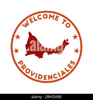 Willkommen bei Providenciales Stempel. Runder Grunge Island Stempel mit Textur in Fire Bolt Farbmotiv. Geometrisches Providenciales-Siegel im Vintage-Stil. Stock Vektor