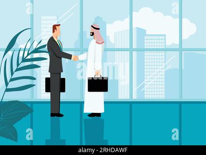 Einfache flache Vektor-Illustration eines arabischen Geschäftsmannes Hand schütteln Mit einem westlichen Geschäftsmann Stock Vektor