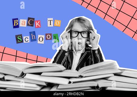 Kreative Collage mit schwarzem Weiß-Effekt beeindruckte junge Hände berührte Brille mit offenem Mund, stapelbarer Stapel, ein Buch zur Schule geöffnet Stockfoto