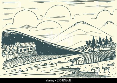 Landwirtschaftslandschaft im skandinavischen Vintage-Stil mit der Hand zeichnen. Stock Vektor