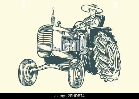 Handgemalt mit altem Traktor und Bauern im skandinavischen Stil. Stock Vektor