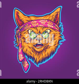 Trendige, psychedelische, flippige Hippie-Katze-Vektorabbildungen für Ihr Arbeitslogo, Merchandise-T-Shirt, Aufkleber und Etikettendesigns, Poster, Grußkarten A. Stock Vektor