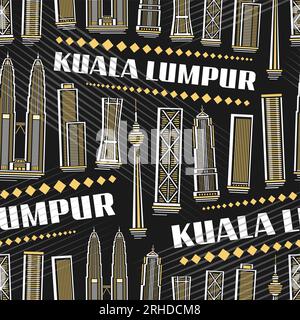 Vector Kuala Lumpur Seamless Pattern, sich wiederholender Hintergrund mit Illustration der berühmten asiatischen Stadtlandschaft auf dunklem Hintergrund für Geschenkpapier, Dekoration Stock Vektor