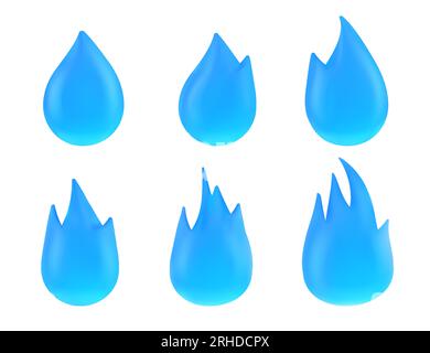 Ein Cartoon mit blauen Wassertropfen, isoliert auf weißem Hintergrund. Vektordarstellung von Wasserspritzer, Regentropfen, Symbol für Feuchtigkeit und Feuchtigkeit, Symbol für Hydration, Tränenfluss, Morgentropfen, Farbe Stock Vektor