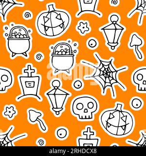 Doodle Halloween-Sticker mit nahtlosem Muster. Handgezeichneter HerbstKürbis, Grab, Kessel, Schädel, Netz auf orangefarbenem Hintergrund. Gruselige Herbstferien, Dad Stock Vektor