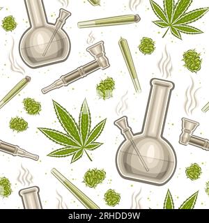 Vector Cannabis Seamless Pattern, wiederhole den Hintergrund mit Illustrationen von flachen medizinischen Cannabisknospen, Marihuana-Blättern, Unkrautpapierrolle, Glas Stock Vektor