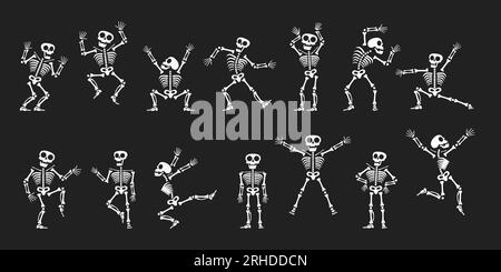 Skeletons dancing with different positions flat style design vector illustration set. Funny dancing Halloween or Day of the dead skeletons collection. Stock Vektor