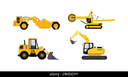 Vier Bergbaufahrzeuge mit flachem Element isoliert auf weißem Hintergrund. Stock Vektor