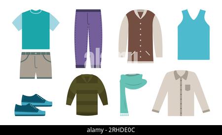 Kleidung wie Hemd, Jacke, Pullover, Schuhe, Hose Stock Vektor