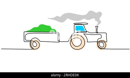 Eine Strichzeichnung von großem Traktor und Zug isoliert auf weißem Hintergrund. Kontinuierlicher Minimalismus auf einer Linie. Stock Vektor