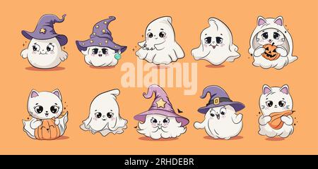 Süße halloween-Baby-Geister-Kollektion. Zeichentrickfiguren für Kinder. Vektordarstellung. Stock Vektor