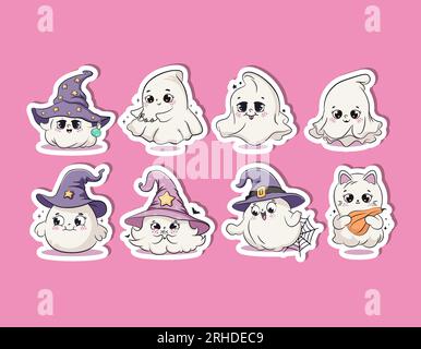 Süßes halloween-Baby-Geister-Sticker-Set. Zeichentrickfiguren für Kinder. Vektordarstellung. Stock Vektor