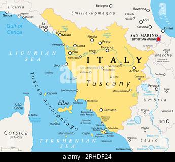 Toskana, Region in Mittelitalien, politische Karte mit vielen beliebten Touristenattraktionen wie Florenz, Castiglione della Pescaia, Pisa, Grosseto und Siena. Stockfoto