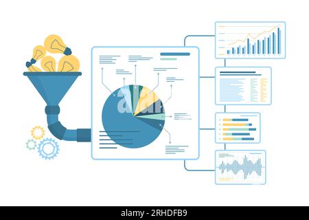 Trichter für Informationen und Vektorillustration zur Ideenumwandlung. Cartoon-Filter mit Glühbirnen und Pipelinesystem arbeiten am kreativen Forschungsprozess mit Infografiken und Diagrammergebnissen Stock Vektor
