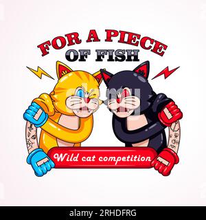 Katzenkampf, für ein Stück Fisch. Retro-Vektor-Cartoon, geeignet für Maskottchen, T-Shirts, Aufkleber und Poster Stock Vektor