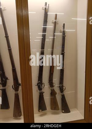 Ein paar Gewehre, die eine Vielzahl von Waffen zeigen, wie Flintlock, Muskete, Matchlock, Maulwurf, Maulwurf Stockfoto