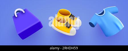 Gruppe von Objekten mit Einkaufssymbolen. Hol dir Tasche, Sneaker und T-Shirt. Vektordarstellung Stock Vektor