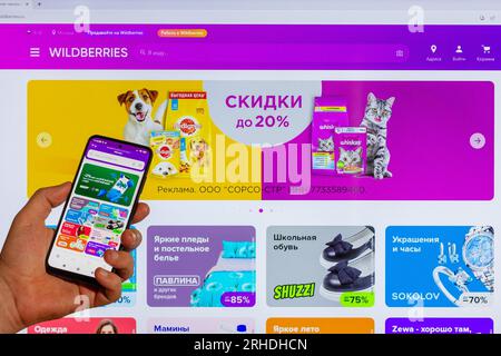 Adygea, Russland - 9. August 2023: Handwerker mit Smartphone, der Einkäufe in Wildberries Online-Shop in der mobilen Anwendung vor Hintergrund Wildb tätigt Stockfoto