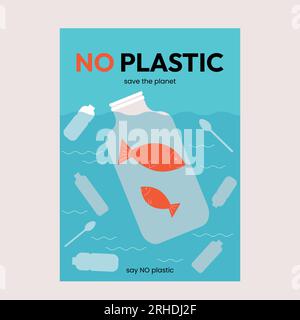 Kein Plastik. Flache Vektordarstellung für den Weltumwelttag. Meer mit Plastikmüll im Wasser. Fisch in Plastikflasche. Stock Vektor