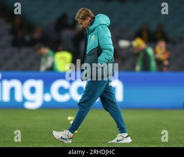 Tony Gustavsson Manager of Australia erscheint während des Halbfinalspiels der FIFA Women's World Cup 2023 Australia Women vs England Women im Stadium Australia, Sydney, Australien, 16. August 2023 (Foto: Patrick Hoelscher/News Images) Stockfoto