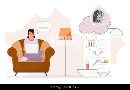 Verängstigtes Mädchen, das zu Hause im Stuhl sitzt, nachdem es die Ergebnisse ihrer Tests erhalten hat, besorgt um nicht krank zu werden. Mit Medizinroboter chatten. Medizinischer Vektor i Stock Vektor