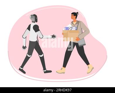 Der Mann kommt mit Box zur Arbeit. Roboter trifft sich, streckt ihre Hand zur Begrüßung aus. Personalbeschaffung. Zusammenarbeit, gemeinsame Arbeit. Bürokonzept. Stellen Sie bei ein Stock Vektor