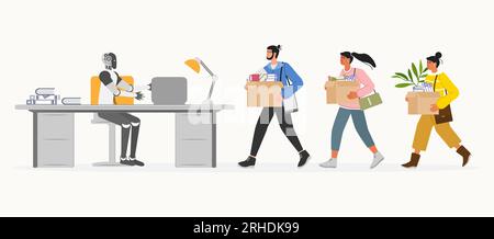 Die Leute kommen mit Box zur Arbeit. Roboter trifft sich, streckt ihre Hand zur Begrüßung aus. Personalbeschaffung. Zusammenarbeit, gemeinsame Arbeit. Bürokonzept. Bei der Arbeit einstellen. Stock Vektor