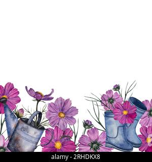Blumenrand mit einem Blumenstrauß aus Kosmos-Blumen in einer Gießkanne aus Metall und Gummistiefeln. Aquarellzeichnung. Botanischer Clipart mit Platz für Text Stockfoto