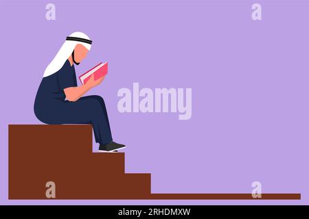 Charakter flach Zeichnung arabischer Mann Lesen Buch sitzt auf der Treppe. Kluger männlicher Leser, der Literatur genießt oder studiert, sich auf die Prüfung vorbereitet. Schüler gelesen Stockfoto