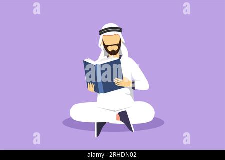 Der Zeichner sitzt auf dem Boden und liest Buch. Arabischer Student bereitet sich auf die Prüfung vor, Bewerber bereitet sich auf die Zulassung vor, Buch lov Stockfoto
