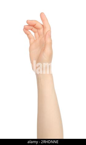 Die Hand der Frau zeigt virtuelle Berührungen auf weißem Hintergrund Stockfoto