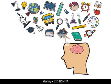 Ein menschlicher Kopf mit Bildung kritzelt Farbsymbole. Handgezeichnete Elemente im Designstil Stock Vektor