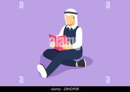 Grafik-Flachdesign-Zeichnung kluger Student bereitet sich auf die Prüfung zu Hause vor. Ein arabischer Mann, der in der Schulbibliothek studiert und Bücher liest. Männlicher Leser sitzt auf Stockfoto