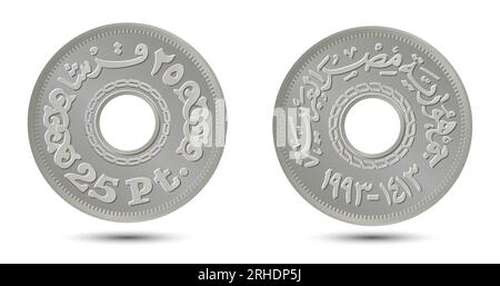 Vorder- und Rückseite der ägyptischen fünfundzwanzig Piaster Münze auf weißem Hintergrund. Vektorillustration. Stock Vektor