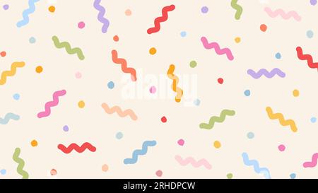 Farbenfroher Konfetti-Doodle-Hintergrund. Abstraktes, lustiges Design mit fröhlichem, kindlichem Kritzelmuster. Minimalistischer festlicher Hintergrund. Trendiges memphis Elements-Muster Stock Vektor
