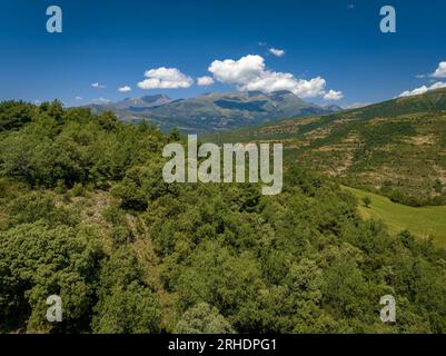 Luftaufnahme der Umgebung des Montcortès-Sees an einem Sommernachmittag (Pallars Sobirà, Lleida, Katalonien, Spanien, Pyrenäen) Stockfoto