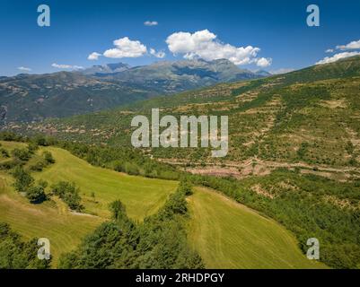 Luftaufnahme der Umgebung des Montcortès-Sees an einem Sommernachmittag (Pallars Sobirà, Lleida, Katalonien, Spanien, Pyrenäen) Stockfoto