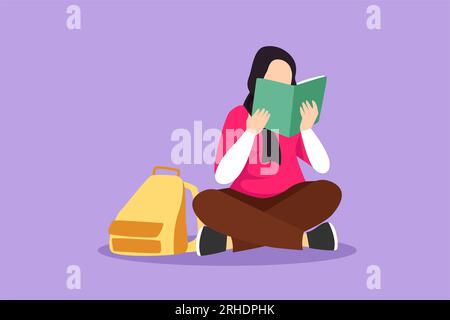 Zeichentrickzeichnung im flachen Stil glückliche arabische Frau, die Buch liest und auf dem Boden sitzt. Kluge, schöne Leserinnen, die Literatur genießen oder studieren und sich vorbereiten Stockfoto