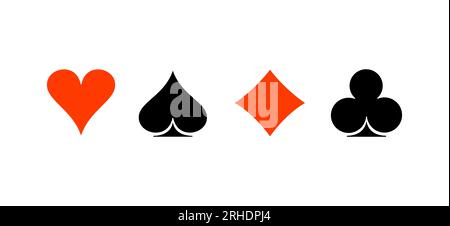 Poker-Karten passen zu Symbolen – Pik-Herzen, Diamanten und Schläger. Blackjack-Kartensymbole isoliert auf weißem Hintergrund. Spielkarte. Stock Vektor