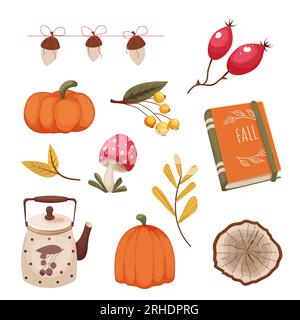 Herbstelemente, Sticker mit Laub, Walddekorationen, Eichel, Pilze, Rechte Rose Hip Beeren, Buch und Kürbis im Cartoon-Stil isoliert auf weißem Hintergrund. . Vektordarstellung Stock Vektor