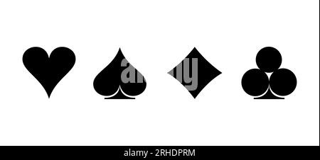 Poker-Karten passen zu Symbolen – Pik-Herzen, Diamanten und Schläger. Blackjack-Kartensymbole isoliert auf weißem Hintergrund. Spielkarte. Stock Vektor