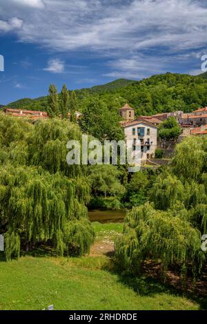 Glockenturm des Klosters Sant Joan de les Abadesses über der Stadt und am Ufer des Flusses Ter, Ripollès Girona Katalonien, Spanien, Pyrenäen Stockfoto