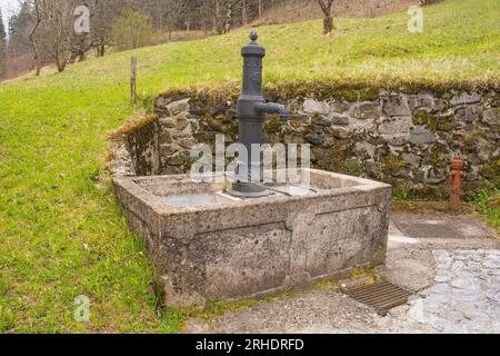 Ein Trinkwasserbrunnen im Bergdorf Magnanins in der Nähe von Rigolato in Carnia, Friaul-Julisch Venetien, N.E. Italien. Bekannt als La Fontano de Gjiado Stockfoto