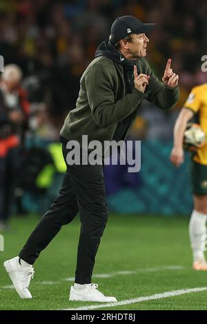 Tony Gustavsson Manager of Australia gibt seine Teamanweisungen während des Halbfinalspiels der FIFA Women's World Cup 2023 Australia Women vs England Women im Stadium Australia, Sydney, Australien, 16. August 2023 (Foto von Patrick Hoelscher/News Images) in Sydney, Australien, am 8./16. August 2023. (Foto: Patrick Hoelscher/News Images/Sipa USA) Stockfoto