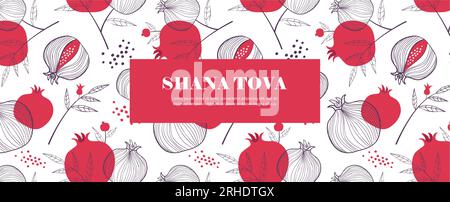 Rosh Hashanah Designvorlage mit handgezeichneten Granatapfelzweigen. Shana Tova Schriftzug. Übersetzung aus dem Hebräischen - Frohes Neues Jahr Stock Vektor